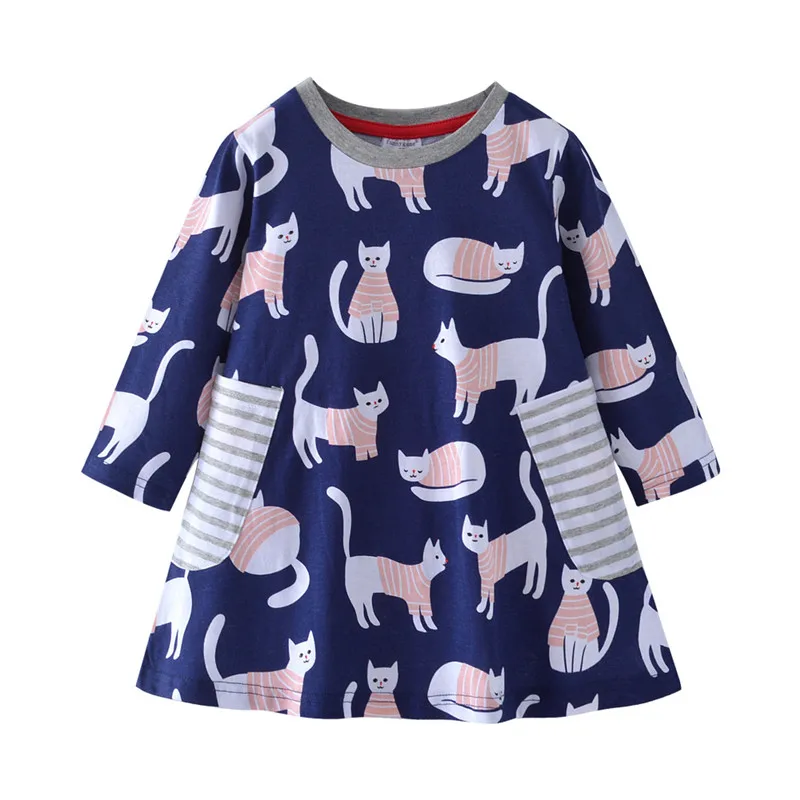 

New Designed Baby Girls Dresses Kids Spring Autumn Cartoon Dress with Printed Cat Cute Animals Top Quality Girls Clothing