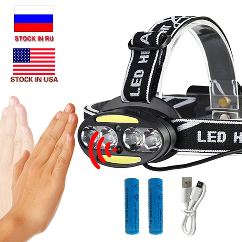 Kopen CZK20 Inductieve Body Motion Sensor 10000LM LED Head Lamp Licht 4 * T6 + 2 * COB Koplamp + 2x18650 batterij + USB oplader