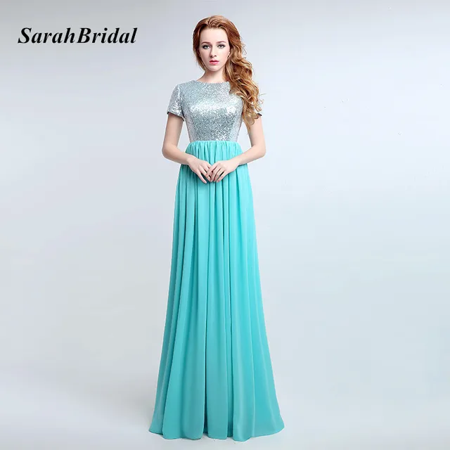 2017 Simple Turquoise Long Bridesmaid Dresses With Sequin Bodice 2017 Simple Turquoise Long Bridesmaid Dresses With Sequin Bodice Chiffon Short Sleeve Gala Dress Wedding Party