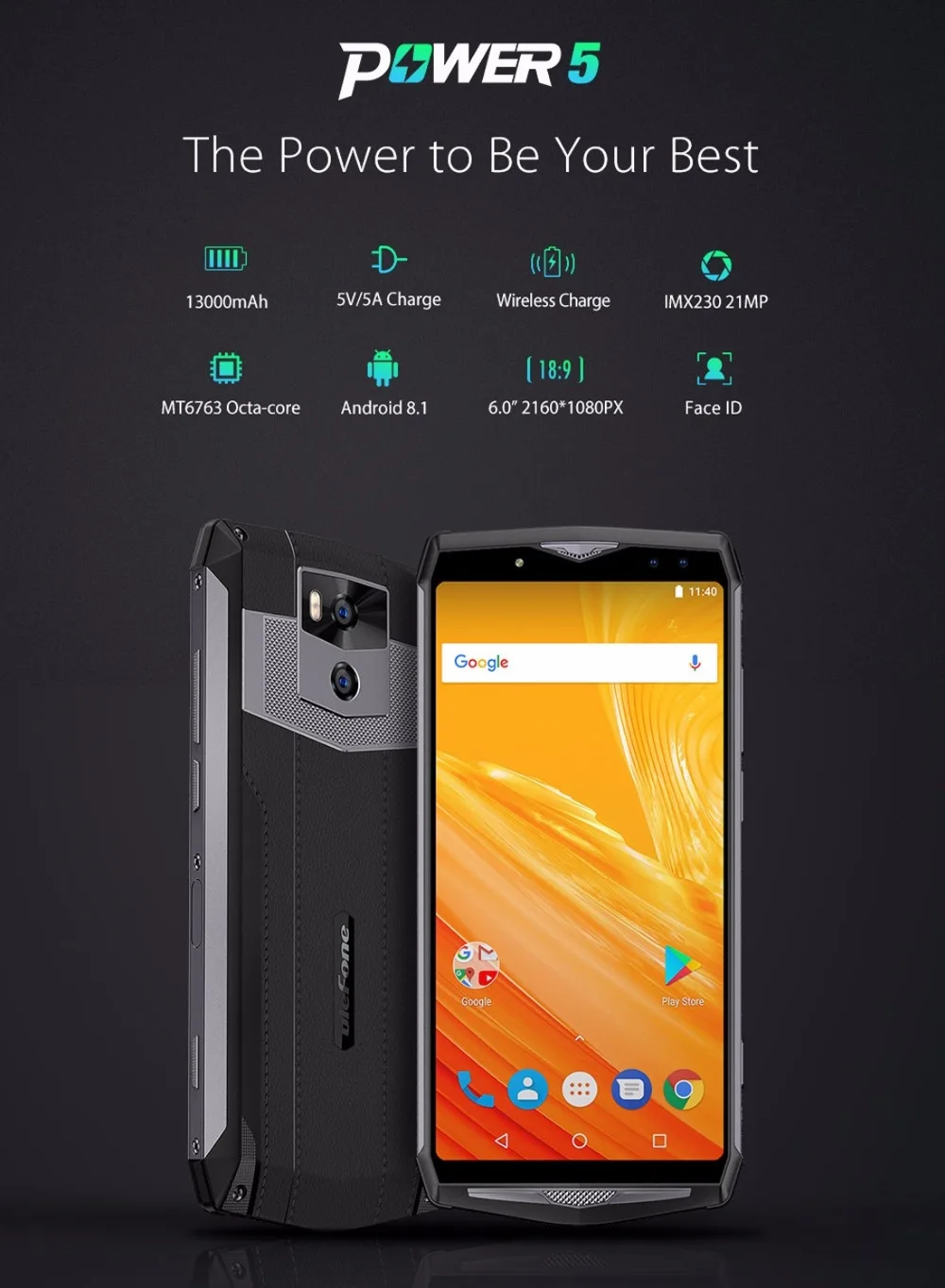 Смартфон Ulefone power 5, дисплей 6,0 дюйма, 6 ГБ ОЗУ, 13000 мАч, мобильный телефон MTK6763, четыре ядра, 64 Гб ПЗУ, Android 8,1, OTG, 21 МП