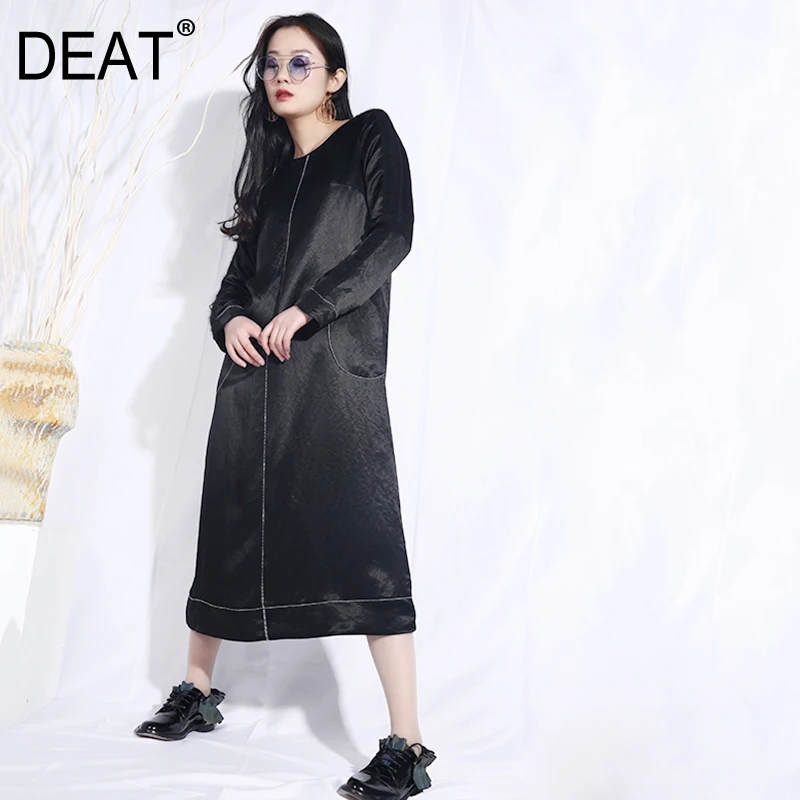 

DEAT 2020 New Spring Summer Round Neck Long Sleeve Black Loose Line Split Joint Pocket Loose Dress Women Fashion Tide JO605