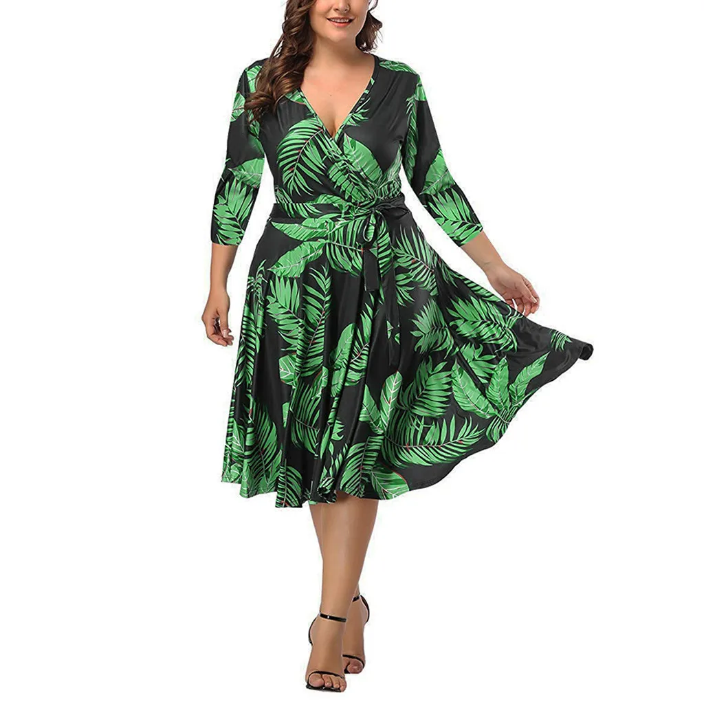 Платье для женщин размера плюс, летнее Повседневное платье с рукавом три четверти, глубокий v-образный вырез, тропический принт с растениями, Бандажное платье на шнуровке, женские макси платья