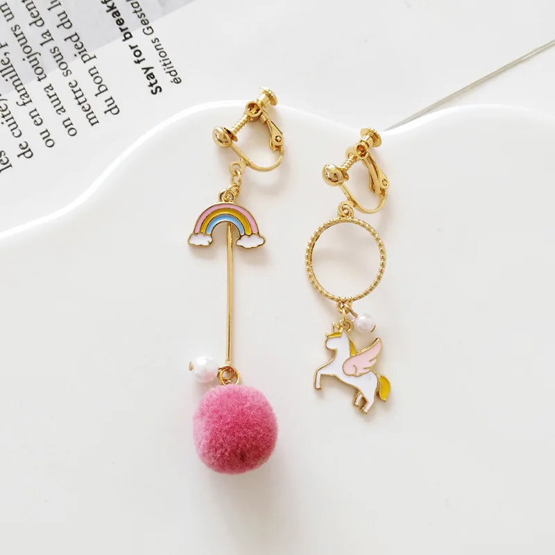 

Pink Pompoms Ball Rainbow Long Chain Clips Earrings Monocerus Kawai Angel Wing Horse Unicorn Clip on Earrings No Pierced Hole