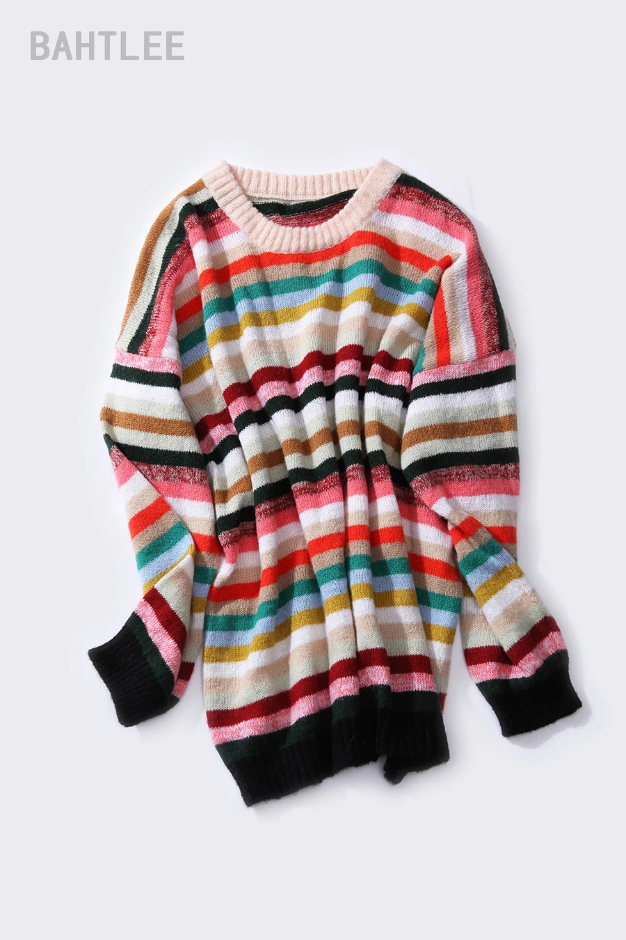 BAHTLEE осенний женский мохеровый шерстяной пуловер, свитер, свободный стиль, круглый вырез, длинный рукав, модный бренд, цветной блок, Радуга