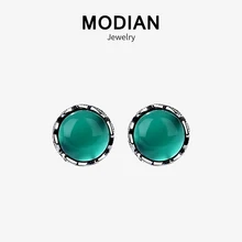 Modian Настоящее стерлингового серебра 925 пробы Винтаж зеленый натуральный кристалл Модные очаровательные гвоздики серьги для женщин ювелирные изделия из стерлингового серебра