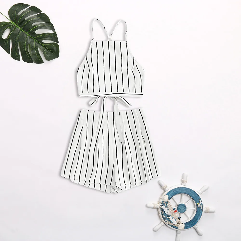 

SAGACE Women's Black and White Striped Sling Top Shorts Set Applique Bandage Strap Crop Cami Top With Shorts Ladies Set APR03