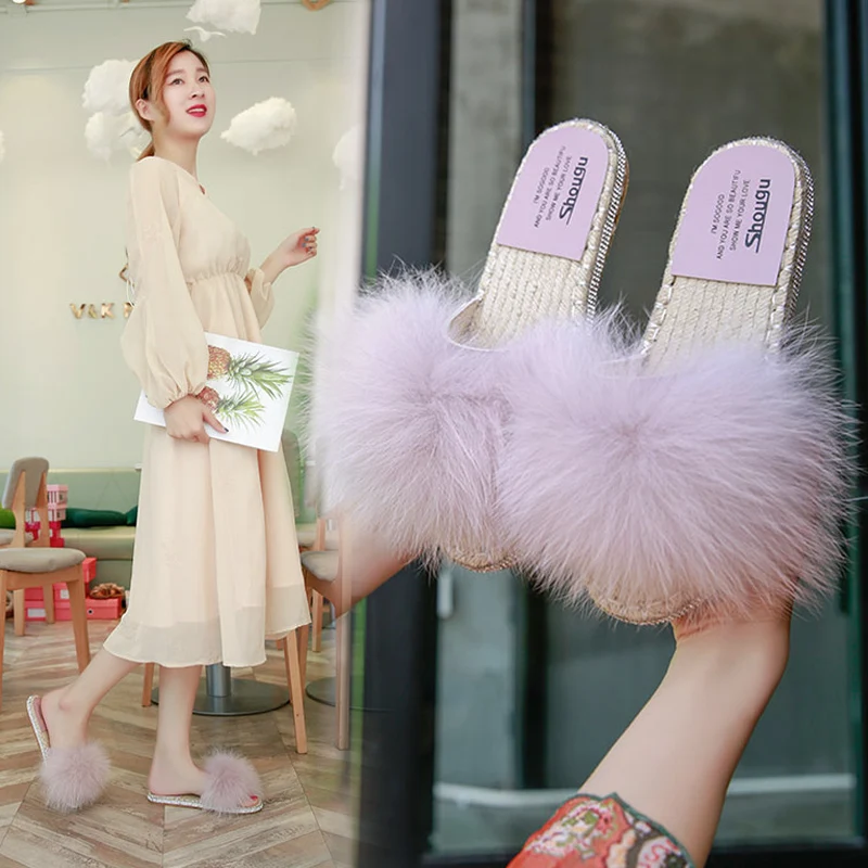 

Phyanic Sweet 2018 Spring Summer Fluffy Rabbit Fur Plush Furry Women Slippers Flat Heel Ladies Slides Hemp Rope Bottom Home