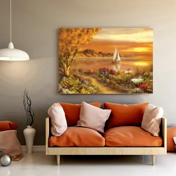 

Canvas Painting Print The Sailing Boats by the Autumn In the Golden Sunset Wall Art Canvas Picture for Home Decor Gifts Dropship