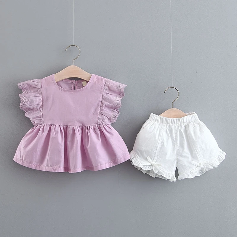 

2019 Summer Baby Girls Short Sleeve Ruffles Solid Blouse Tops + Bow Shorts Princess Kids 2Pcs Suits Infant Clothing Sets