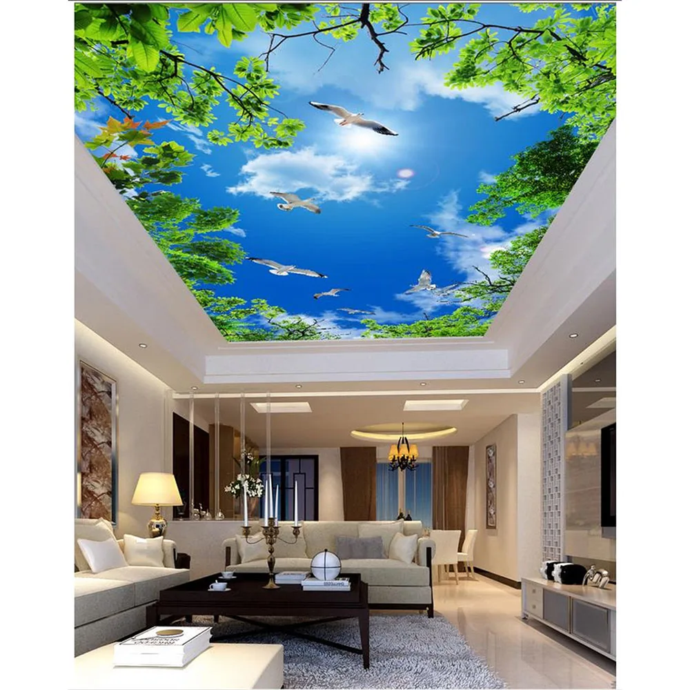 Us 14 5 48 Off 3d Custom Murals Diy Ceiling Wallpaper Room Non Woven Fabric Blue Sky White Clouds Trees Scenery Printed Wall Papers Good 315 In Wall