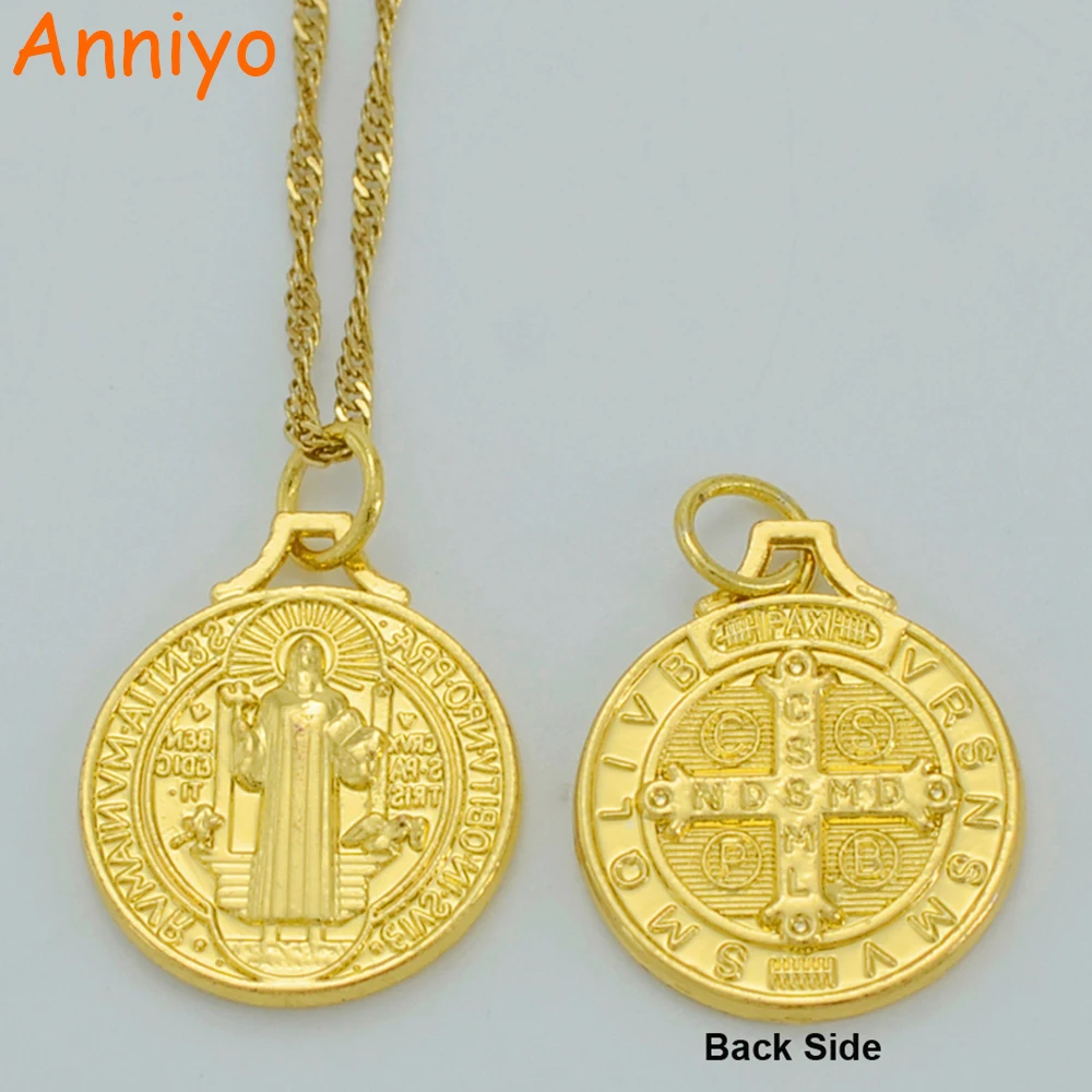 Anniyo Saint Benedict Medal Pendant Necklace Gold Color Catholic Church