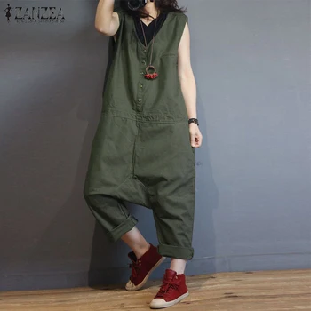 

2020 ZANZEA Women Casual Vintage Sleeveless Solid Harem Pants Rompers Loose Jumpsuits Summer Cotton Linen Drop Crotch Overalls