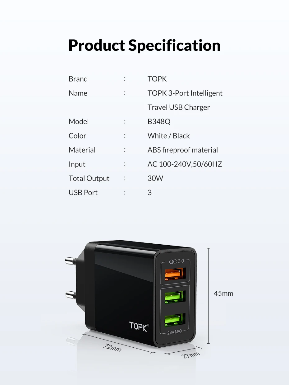 TOPK B348Q Quick Charge 3,0 USB Зарядное устройство QC3.0 быстрой зарядки нескольких Зарядное устройство для samsung S10 Xiaomi Mi9 путешествия Сетевое зарядное устройство для телефона