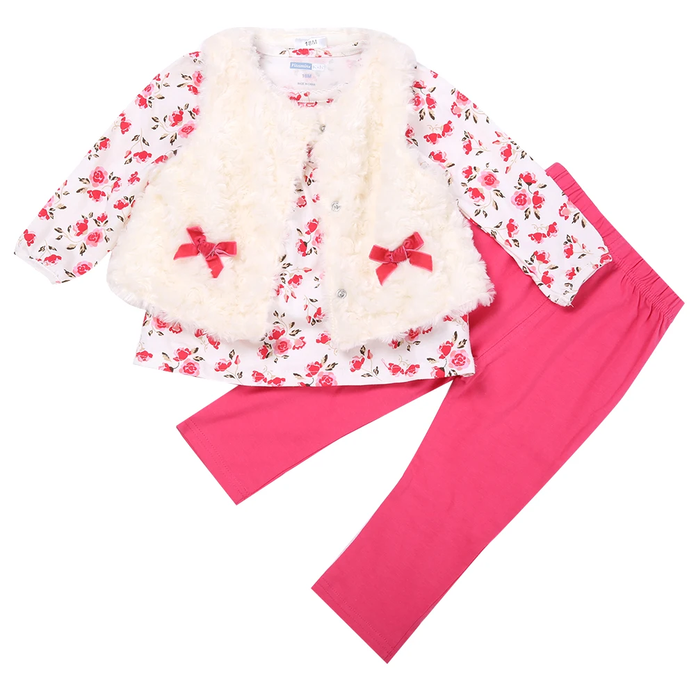 

3PCS Set !!!!Newborn baby Girl Smart White Floral Waistcoat Jacket + Pants + Shirts Autumn Winter clothes Outfits sets Suit