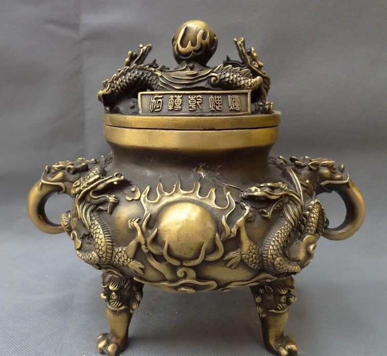 

10" Chinese Bronze Buddhism Fly Dragon Ball Head Statue Incense Burner Censer