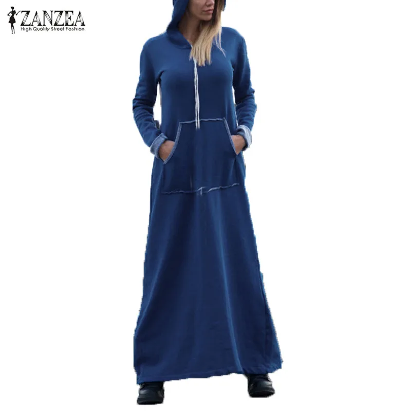 

ZANZEA Women Long Sleeve Sweatshirts Dress 2019 Autumn Maxi Dress Female Drawstring Hooded Hoodies Traksuit Long Vestido Jumper