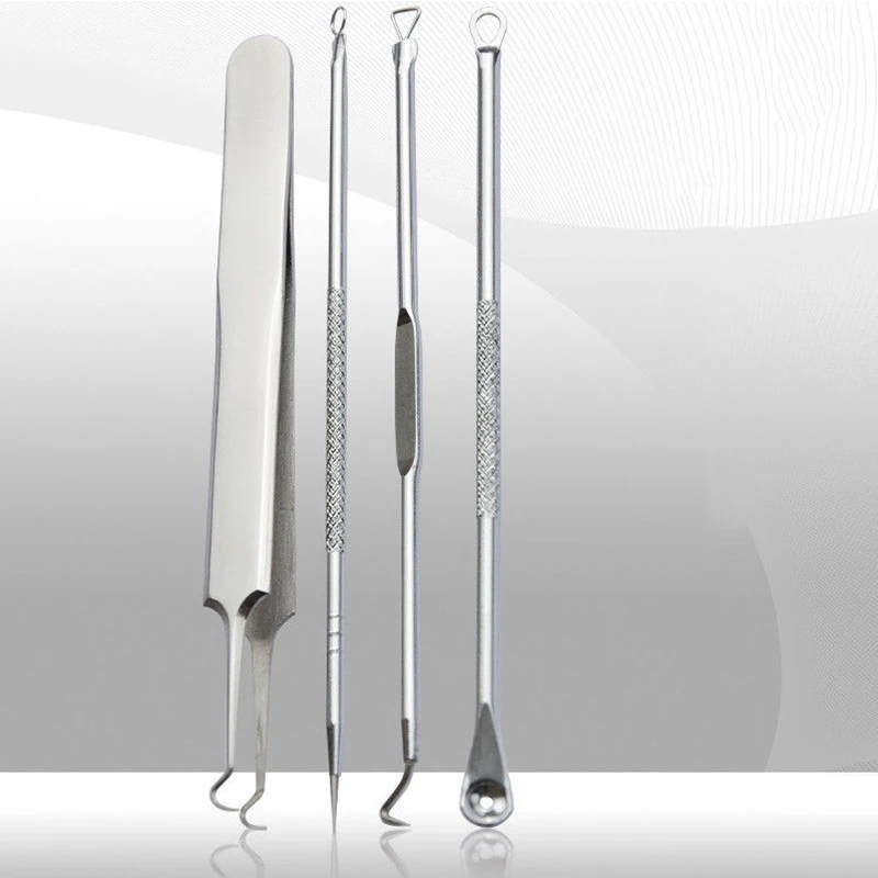 Shellhard 4pcs/Set Silver Blackhead Extractor Needle Tweezer Comedone Acne Pimple Blackhead Extractor Remover Tools Kit