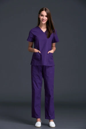 Спецпредложение, медицинские тканые женские скрабы, новинка, Женский комплект с коротким рукавом, набор униформы, стоматологическая Больничная одежда, хлопок - Цвет: dark purple