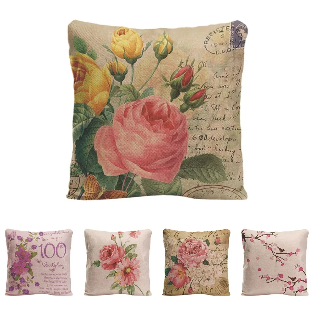 

Beautiful Flower Cushion Cover Decorative Pillow For Sofa Car Covers Rose Peony Linen Pillow Case Birds Home Decor Pillowcase