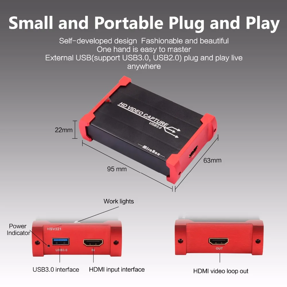 Карта захвата игр MiraBox USB 3 0 HDMI с поддержкой HDCP 1080P Windows 7 8 10 Linux YouTube OBS|Кабели USB| |