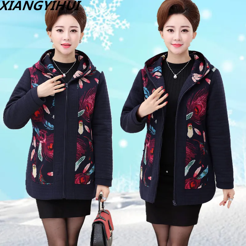 

Autumn Winter Women Middle Aged Mother Plus Size Loaded Printing Short Cotton Jacket 2018 Hooded Light Thin Cotton coat