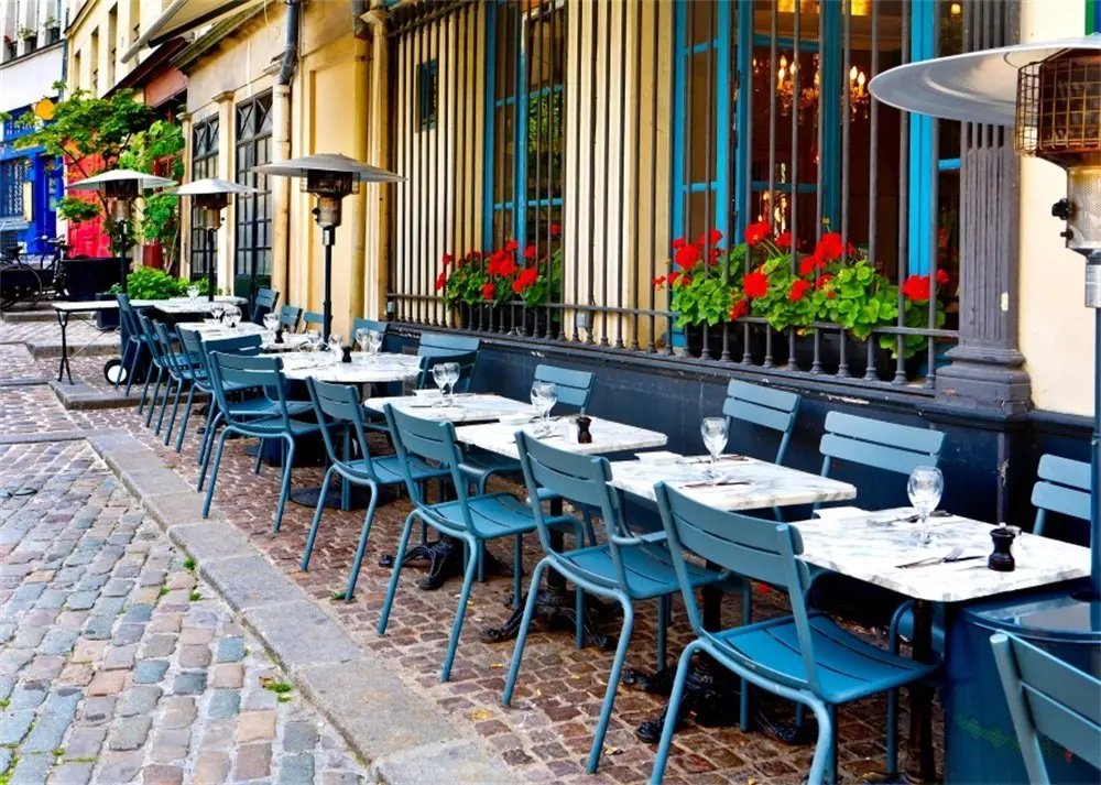 

City Corner Coffee Shop Backdrop Restaurant Fresh Flowers Desk Chair West Street Scene Backdrops for Photography