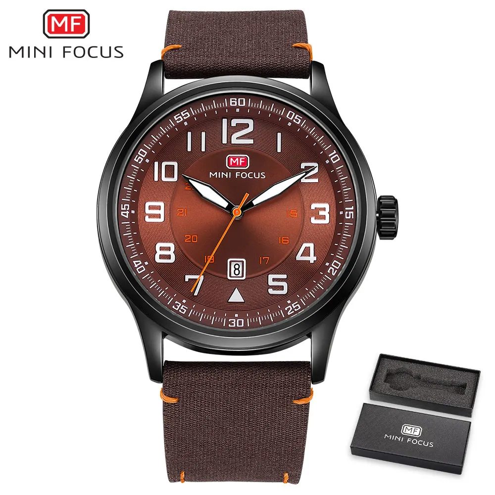 

MINIFOCUS Casual Men Quartz Watch Brown Nylon Strap 3D Index Arabic Number Calendar Top Brand Luxury Wrist Watches with Box