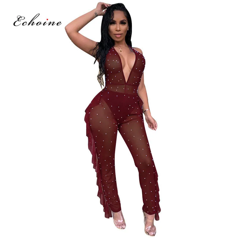 

Echoine Women Jumpsuit Sexy Deep V-Neck Pearl Mesh Transparent Beading Backless Clothes Sheath Long Pencil Pants Female Rompers