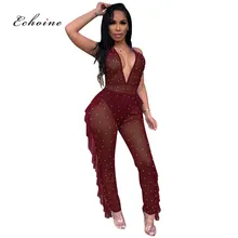 Echoine Women Jumpsuit Sexy Deep V-Neck Pearl Mesh Transparent Beading Backless Clothes Sheath Long Pencil Pants Female Rompers Echoine Women Jumpsuit Sexy Deep V-Neck Pearl Mesh Transparent Beading Backless Clothes Sheath Long Pencil Pants Female Rompers