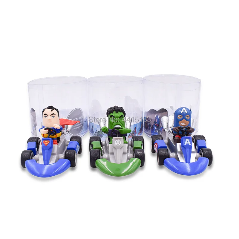 6 Styles Western Animiation Kart Pull Back Car Iron Man Superman Captain Thor Hulk PVC Action Figure Doll Collectible Model Toy 