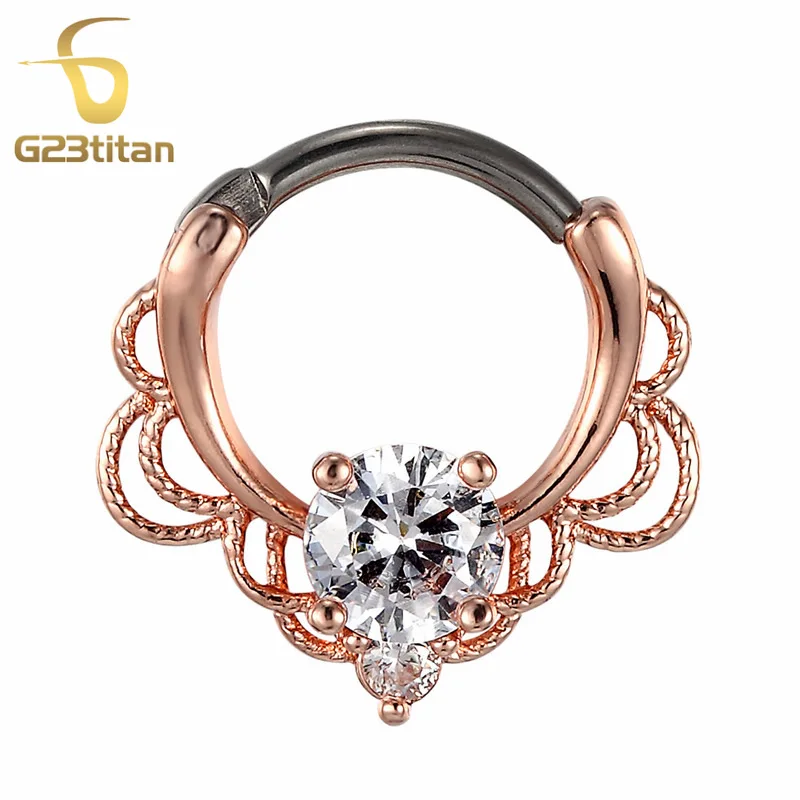 

G23titan Rose Gold Color Lacey Crystal Septum Ring Rook Clicker Nose Ring Titanium Shaft Body Piercing Jewelry