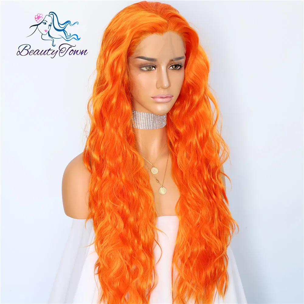 BeautyTown оранжевый цвет натуральные волнистые шелковые волосы для Хэллоуина для женщин для свадебной вечеринки, для ежедневного макияжа, настоящие синтетические парики на кружеве