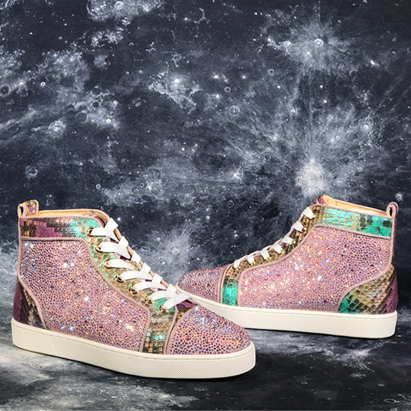 

Luxury Rhinestone Shiny Women Sneakers Runway High Top Lace Up Flats Casual Shoes Luxury party Wedding Shoes zapatos de mujer