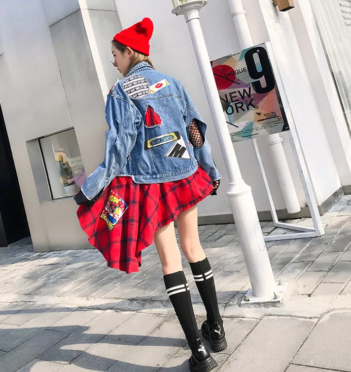 

Women High Street Plaid Shirt Spliced Denim Coat Patchwork Designs Autumn Holes Cardigan Frayed Asymmetric Jacket Outerwear