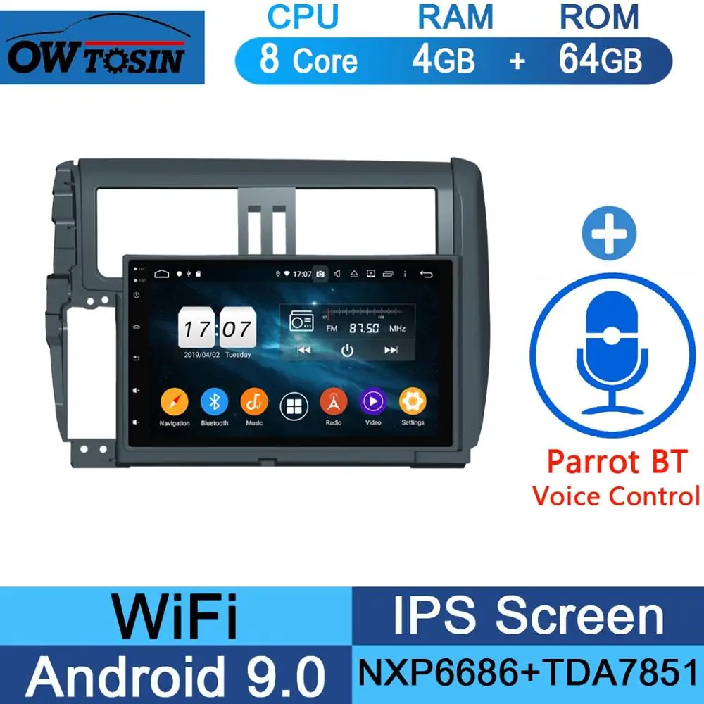 9"IPS Android 9.0 8Core 4G RAM+64G ROM Car DVD Radio GPS For Toyota Land Cruiser Prado LC150 2010-2013 DSP CarPlay Parrot BT - Цвет: 64G Parrot BT