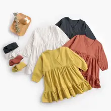 Летнее милое платье для маленьких девочек платье с длинными рукавами и рюшами для девочек+ повязка на голову, хлопковые повседневные милые платья, LZ155