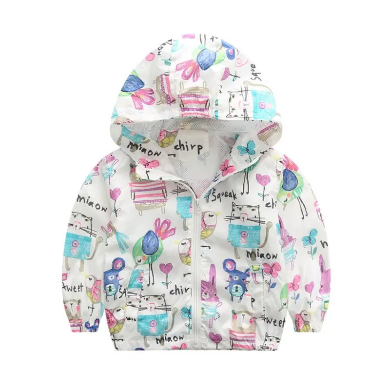 2017 Spring Baby Girl Coat Print Cartoon Graffiti Hooded Zipper Girl Jacket Full Sleeve Toddler Girls