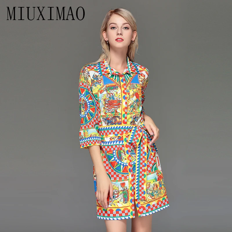 

2019 Runway Designer Casual Holiday Casual Style Straight Half Sleeve Sashes Turn-down Collar Cartoon Above Knee Women Dress