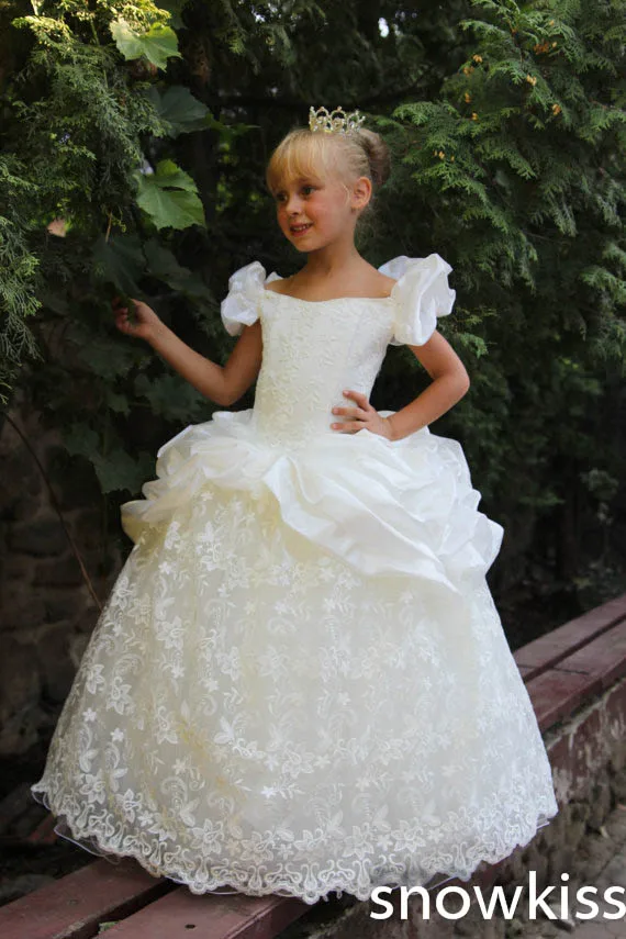 Princess White/ivory lace flower girl dresses holy first communion ball gowns for little girls vintage kids prom party frocks