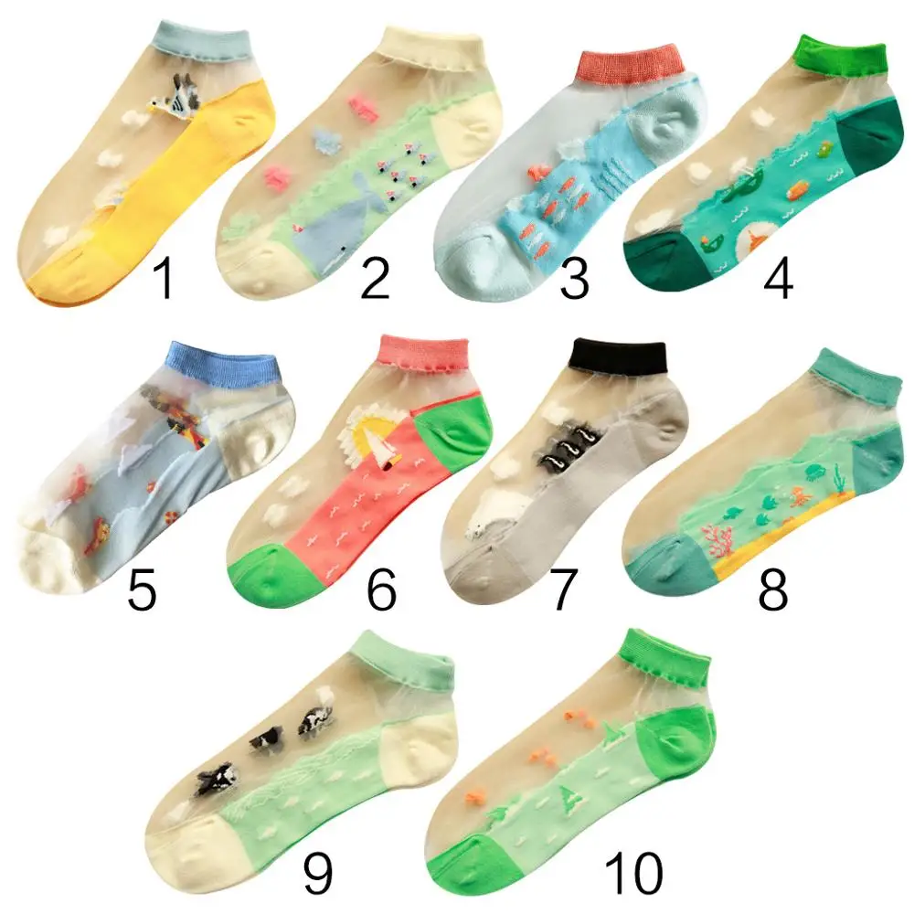 

10 Colors Ocean Series Women Girls Low Cut Short Boat Socks Contrast Candy Colored Cartoon Jacquard Sheer Glass Fiber Hosiery