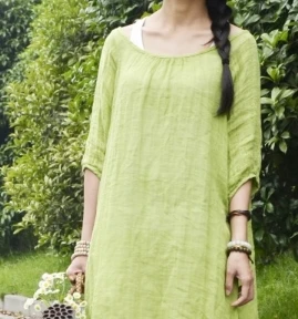 Г.; Новинка Для женщин Свободные Длинные платья халат льняные платья 19003-зеленый и красный - Цвет: Зеленый