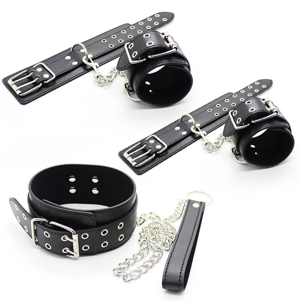 Foot Ring Handcuffs Collar 3pcs Set Leather Couple Bdsm Bondage Set In