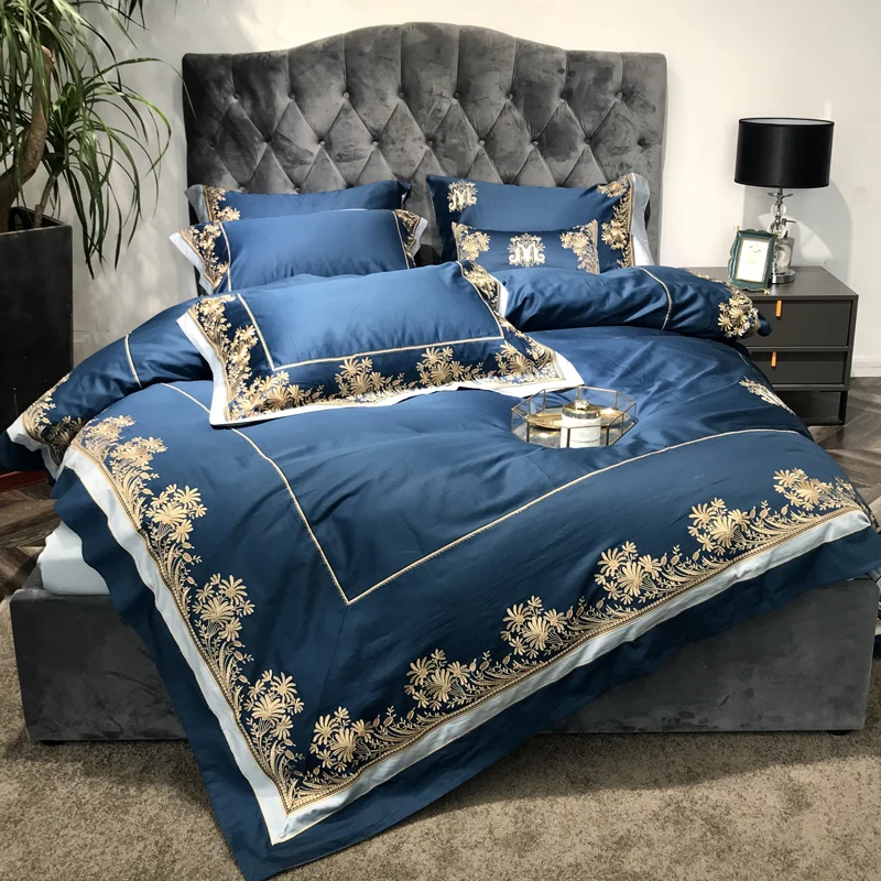 Blue luxury 120S Egyptian cotton Embroidery Royal Bedding sets Queen