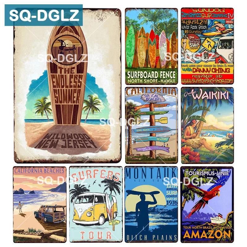 

[SQ-DGLZ]California Beaches License Plate The Endless Summer Wall Decor Tin Sign Vintage SURFBOARD Metal Sign Painting Plaques