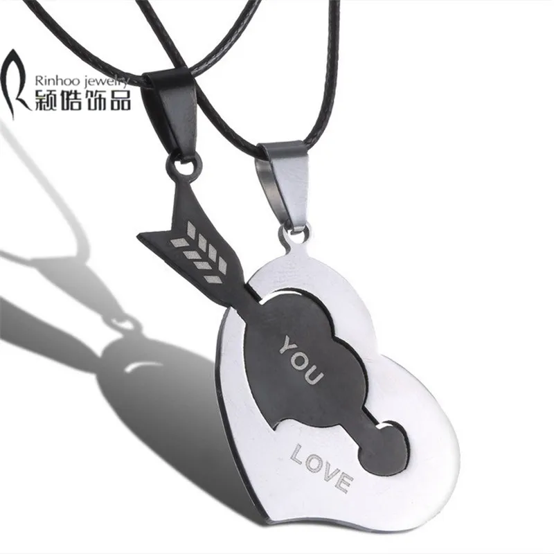 

Women And Men Leather Rope Stainless Steel Puzzle Black Arrow Heart Necklace Charms Jewellery Couples Pendant Necklaces