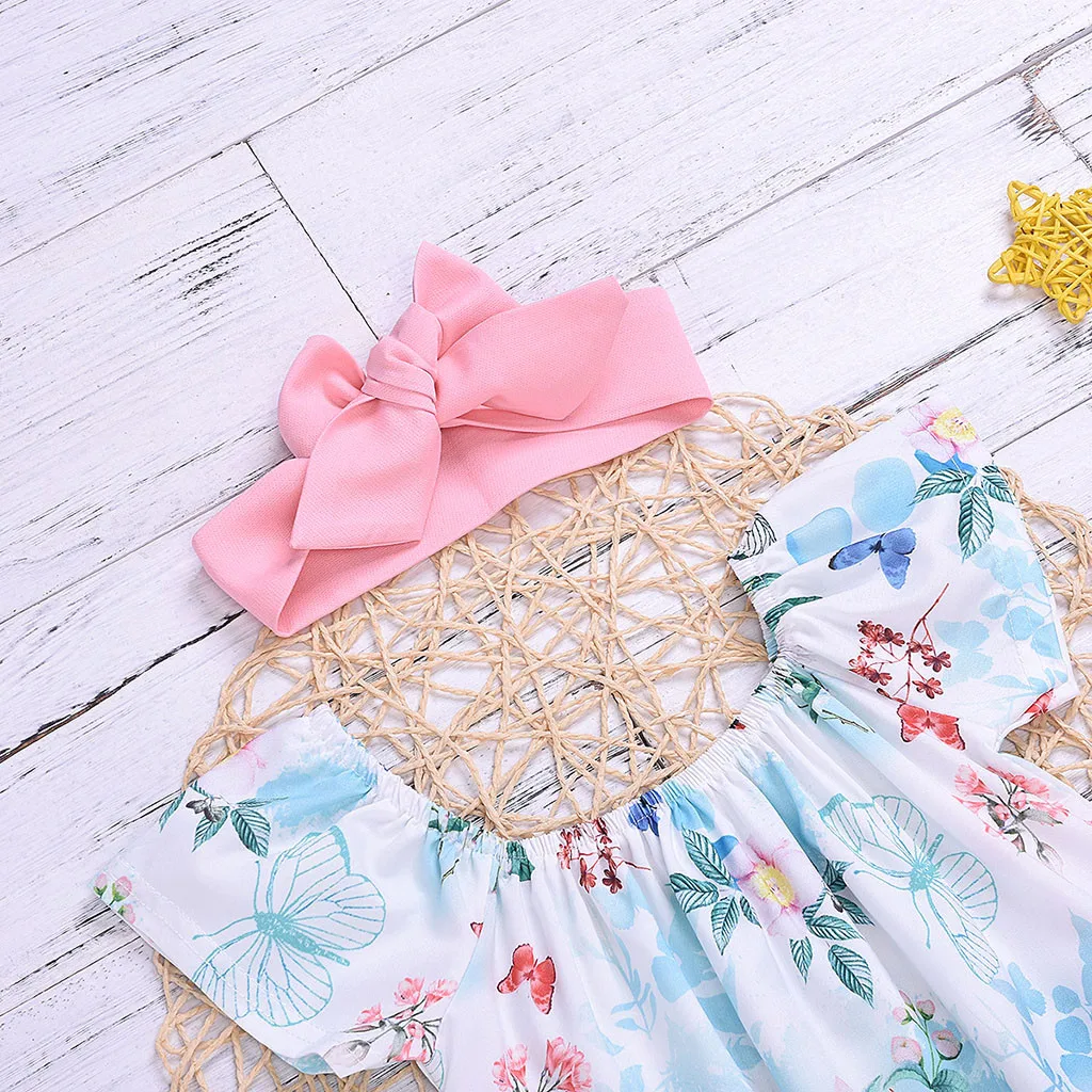 Комплекты одежды для девочек летние топы с цветочным принтом и открытыми плечами+ шорты+ повязка на голову с бантом, комплект летней одежды для новорожденных девочек