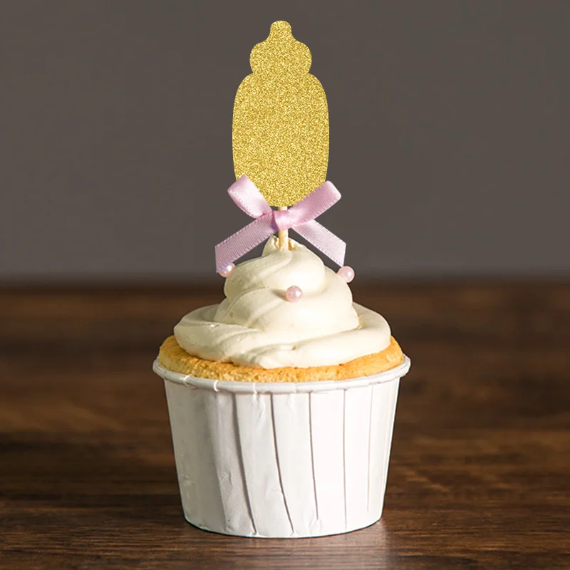 Розовый бант и золотые блестящие детские бутылочки топперы для кексов медиаторы