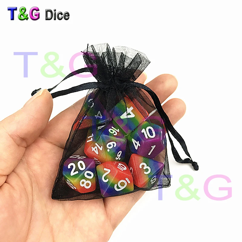 T& G цветная 7 шт./компл. радужные игральные кости, кубик d4 d6 d8 d10 d10 d12 d20 ролевые игры в кости с небольшую сумку для Dnd, ролевые игры, в качестве подарка