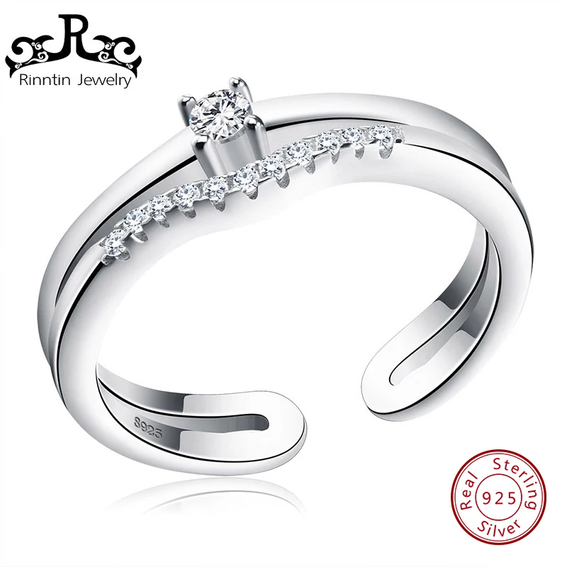 

Rinntin Sterling Silver S925 Adjustable Ring Paved Tiny Cubic Zircon Open Cuff Two Layer Ring Engagement Party Jewelry TSR19