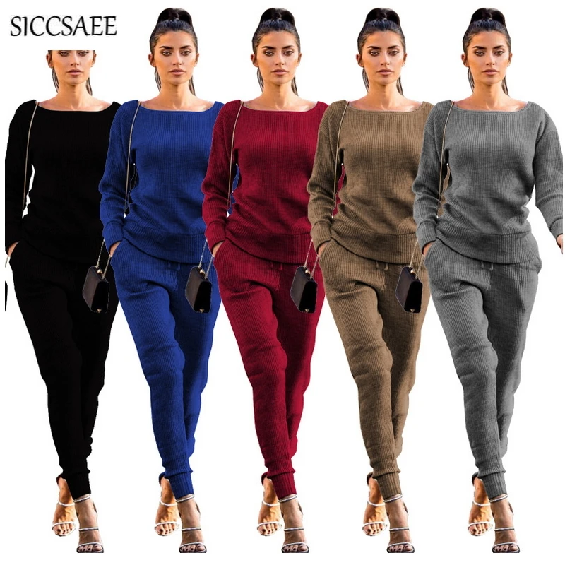

Oversized Two Piece Set Solid Knitted Tracksuit For Women 2018 Autumn Winter Sweat Suit Pullover Pants Suits Matching Sets Loose